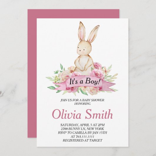 男の子のフローラバニーの水の色ベビーシャワー 招待状 (正面/裏面)