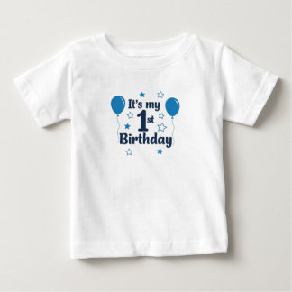 男の子のブルー 1歳の誕生日Tシャツ　風船付き ベビーTシャツ