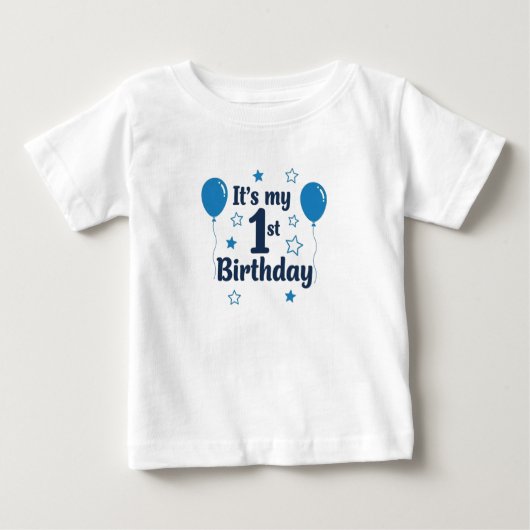 男の子のブルー 1歳の誕生日Tシャツ 風船付き ベビーTシャツ (正面)