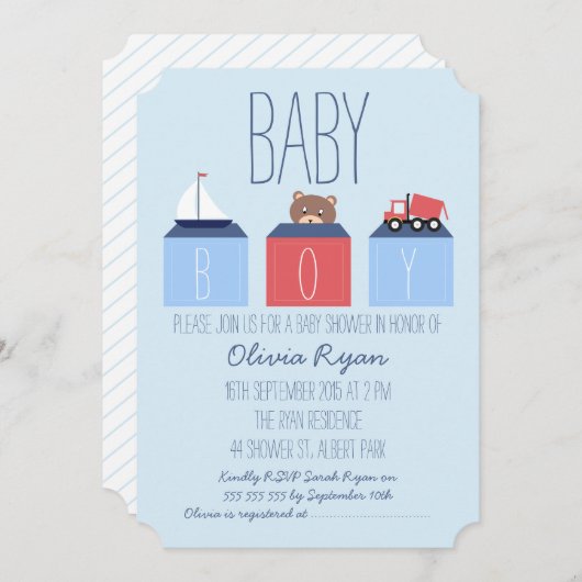 男の子のブロックのベビーシャワーの招待状 招待状 (正面/裏面)