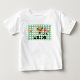 男の子のプレイドトリックまたはトリートハロウィーンベビーTシャツ ベビーTシャツ