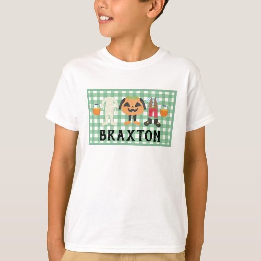 男の子のプレイドトリックまたはハロウィーンTシャツの治療 Tシャツ (正面)