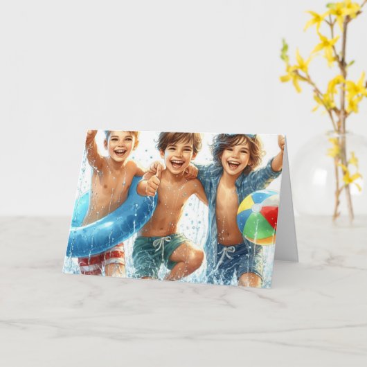 男の子のプールパーティー誕生日折り畳みグリーティングカード カード (黄色い花)