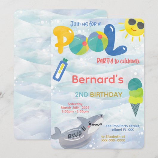 男の子のプール誕生日招待状 招待状 (正面/裏面)
