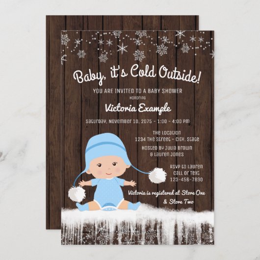 男の子のベビーその寒い外の冬の赤ちゃんシャワー 招待状 (正面/裏面)