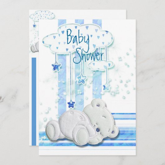 男の子のベビーシャワーのテディー・ベアの青 招待状 (正面/裏面)