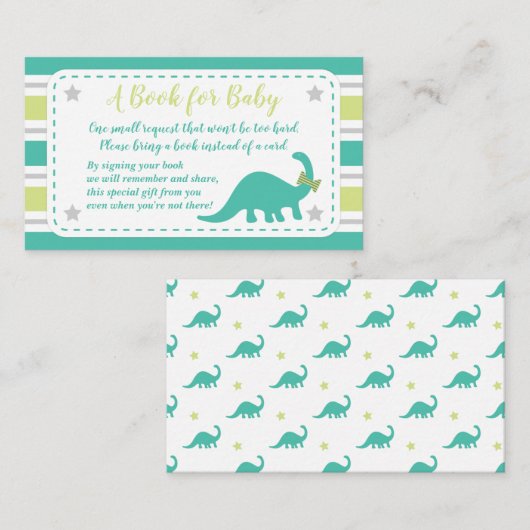 男の子のベビーシャワーのミントの恐竜はブックカードを持って来ます エンクロージャーカード (正面/裏面)