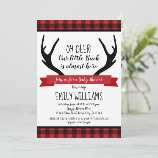 男の子のベビーシャワーの招待のバッファローの格子縞のシカ 招待状 (スタンド正面)