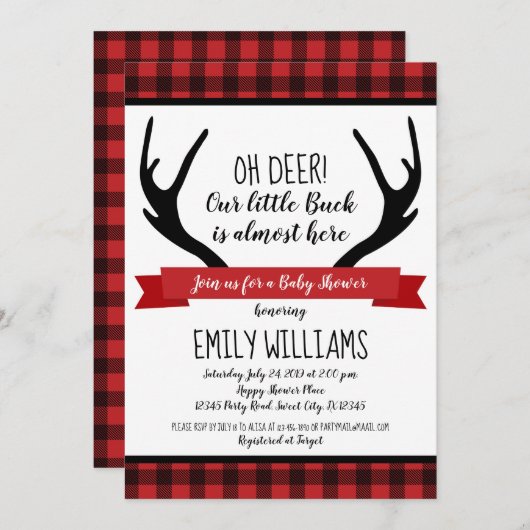 男の子のベビーシャワーの招待のバッファローの格子縞のシカ 招待状 (正面/裏面)