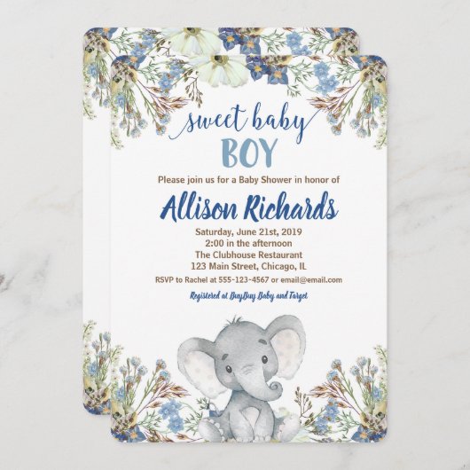 男の子のベビーシャワーの招待小さい象ピーナツ 招待状 (正面/裏面)