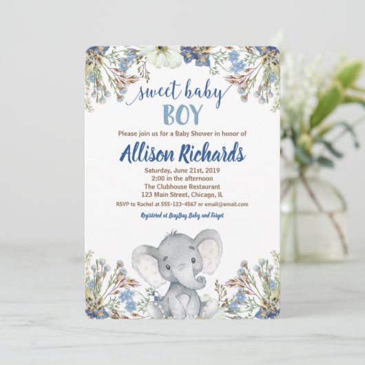 男の子のベビーシャワーの招待小さい象ピーナツ 招待状 (スタンド正面)