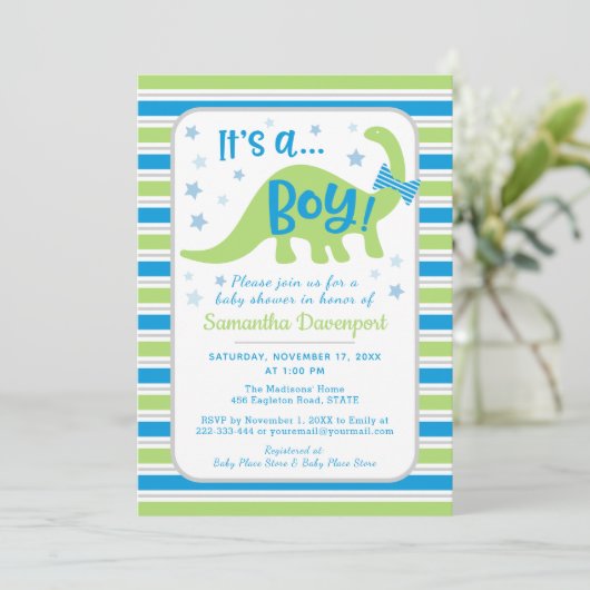 男の子のベビーシャワーの緑恐竜のカラフルの招待状 招待状 (スタンド正面)