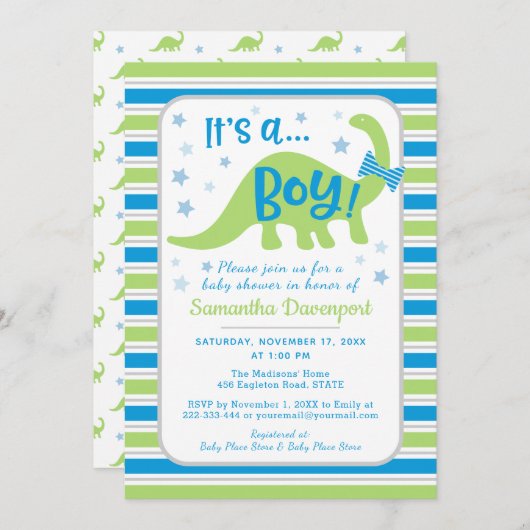 男の子のベビーシャワーの緑恐竜のカラフルの招待状 招待状 (正面/裏面)