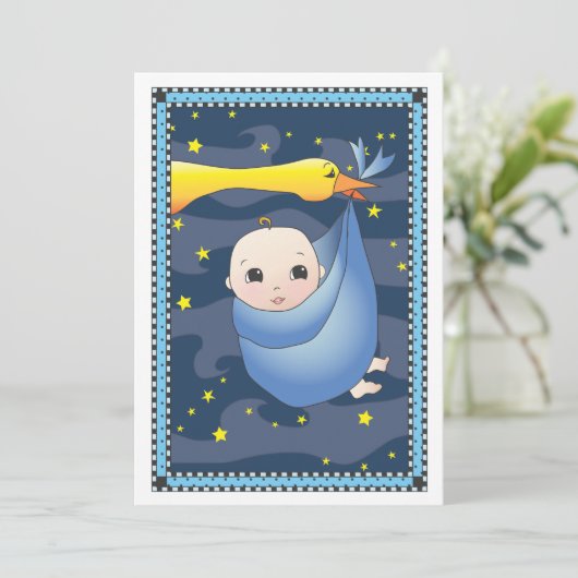 男の子のベビーシャワーの速達のこうのとりの束 招待状 (スタンド正面)