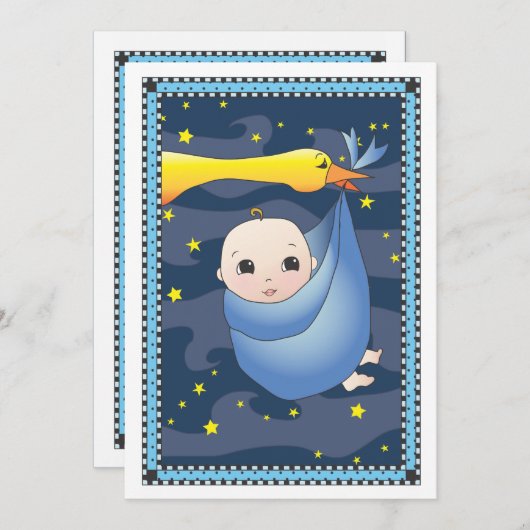 男の子のベビーシャワーの速達のこうのとりの束 招待状 (正面/裏面)