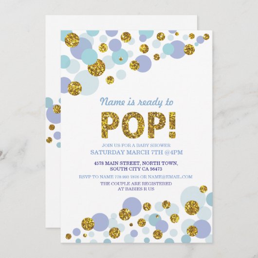 男の子のベビーシャワーの青い金ゴールドの招待をぽんと鳴らすために用意して下さい 招待状 (正面/裏面)