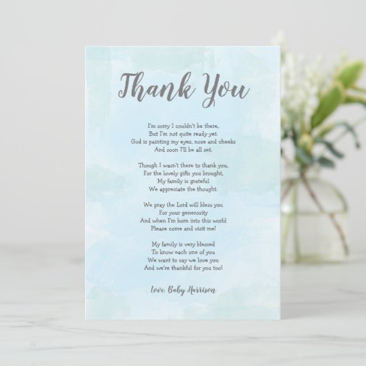 男の子のベビーシャワーは詩が付いているノート感謝していしています サンキューカード (スタンド正面)