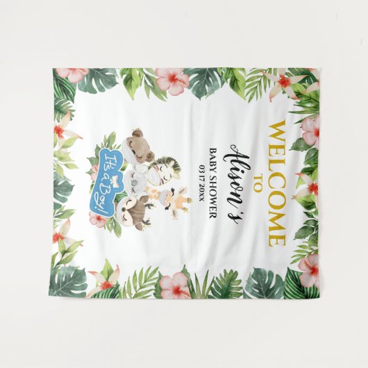 男の子のベビーシャワーバックドロップ | かわいいゴールドサファリフレンド タペストリー (正面(横))