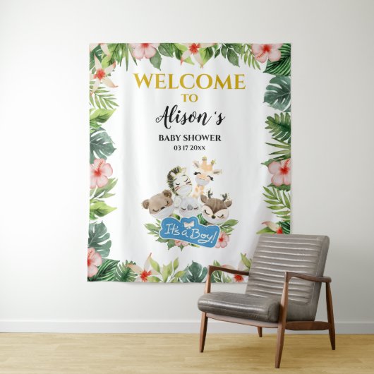 男の子のベビーシャワーバックドロップ | かわいいゴールドサファリフレンド タペストリー (インサイチュ)