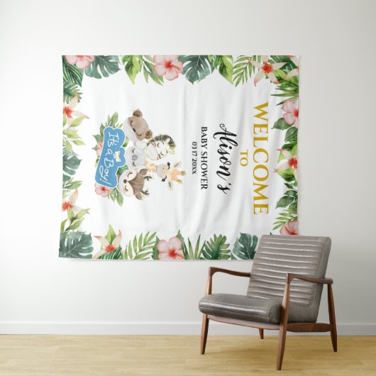 男の子のベビーシャワーバックドロップ | かわいいゴールドサファリフレンド タペストリー (インサイチュ(横))