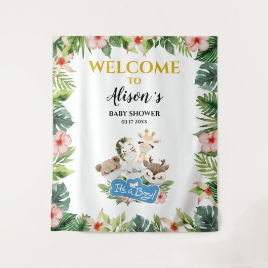 男の子のベビーシャワーバックドロップ | かわいいゴールドサファリフレンド タペストリー (正面)