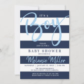 男の子のベビーシャワー招待状、ネイビーブルーのストライプ 招待状 (正面)