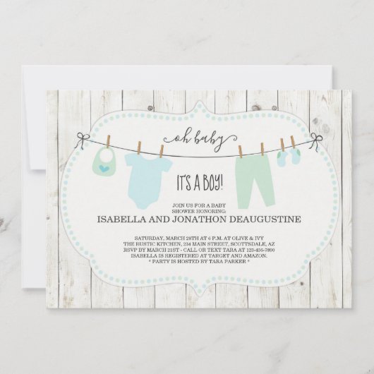 男の子のベビーシャワー招待状 | ラスティックな洗濯ひも 招待状 (正面)