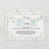 男の子のベビーシャワー招待状 | ラスティックな洗濯ひも 招待状 (正面/裏面)