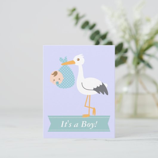 男の子のベビーシャワー-こうのとりはかわいい男の赤ちゃんを分娩します 招待状 (スタンド正面)