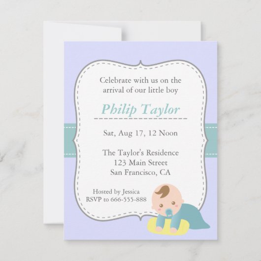 男の子のベビーシャワー-こうのとりはかわいい男の赤ちゃんを分娩します 招待状 (裏面)