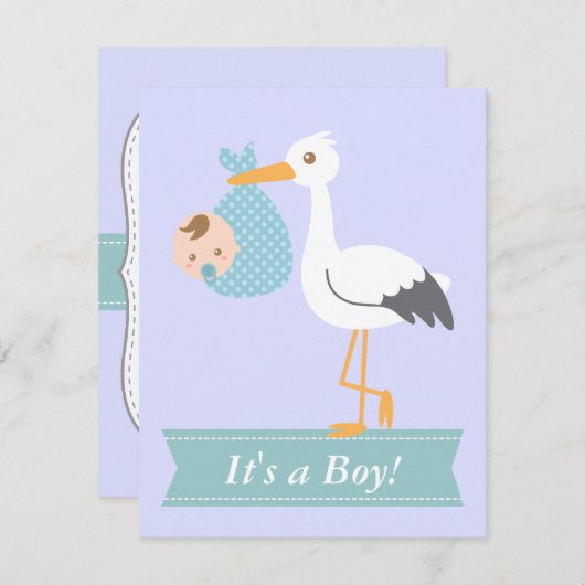 男の子のベビーシャワー-こうのとりはかわいい男の赤ちゃんを分娩します 招待状 (正面/裏面)