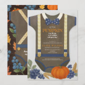 男の子のベビーシャワー オータム フォール ブルー バルーン ガーゼ ボディスーツ 招待状 (正面/裏面)