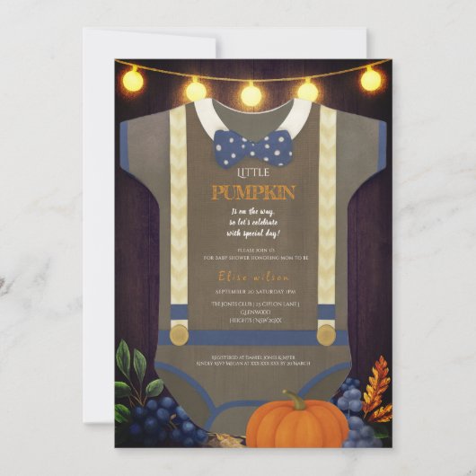 男の子のベビーシャワー　オータム　秋　ぼやけた麻のボディスーツ 招待状 (正面)