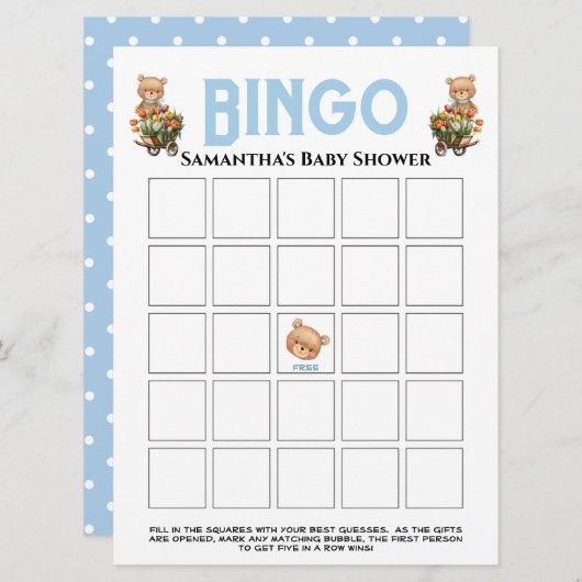 男の子のベビーシャワー テディ フラワーブルー ビンゴ招待状 招待状 (正面/裏面)