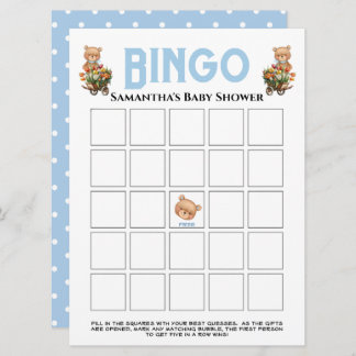 男の子のベビーシャワー テディ フラワーブルー ビンゴ招待状 招待状