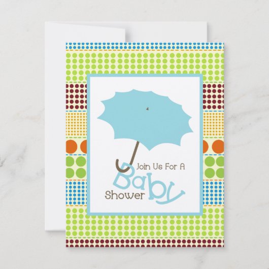男の子のベビーシャワー 青い傘 & ボヘミアンドット 招待状 (正面)