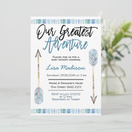 男の子のベビーシャワー 青い冒険の招待状 招待状 (スタンド正面)