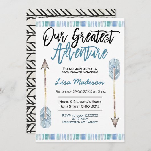 男の子のベビーシャワー 青い冒険の招待状 招待状 (正面/裏面)