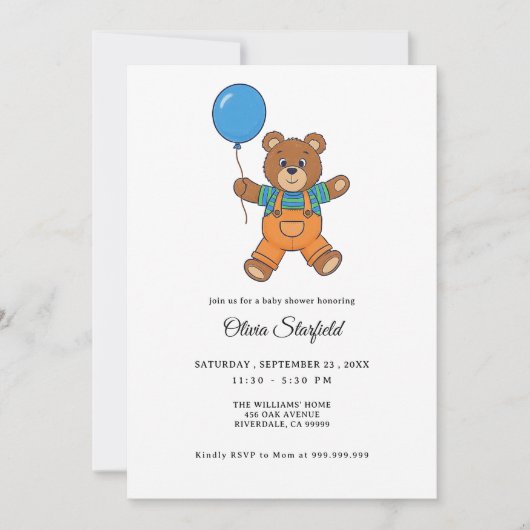 男の子のベビーシャワー 青い風船のテディベア 招待状 (正面)