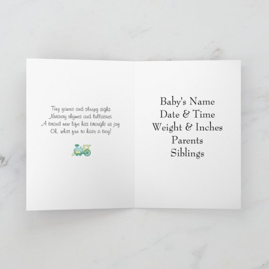 男の子のベビーパーソナライズされた発表 招待状 (内部)