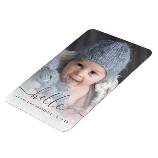 男の子のベビー写真ブルーこんにちは誕生のお知らせ マグネット (左側)