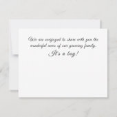 男の子のベビー妊娠ジェンダーが喜びを明らかにする 案内状 (裏面)