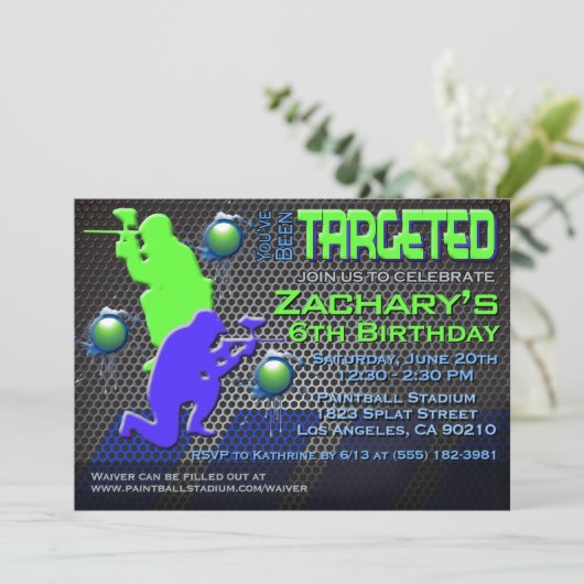 男の子のペイントボールの誕生日の招待状 招待状 (スタンド正面)
