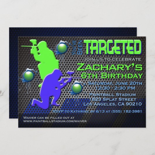 男の子のペイントボールの誕生日の招待状 招待状 (正面/裏面)