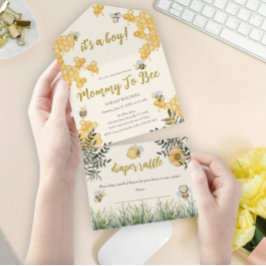 男の子のママにかわいい水の色ボホベイビーシャワー オールインワン招待状