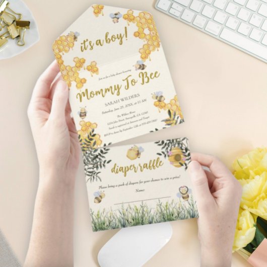 男の子のママにかわいい水の色ボホベイビーシャワー オールインワン招待状