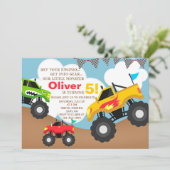 男の子のモンスタートラックの誕生日招待状。 招待状 (スタンド正面)
