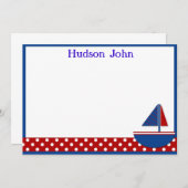 男の子のヨットの文房具はまたはノート感謝していしています ノートカード (正面/裏面)