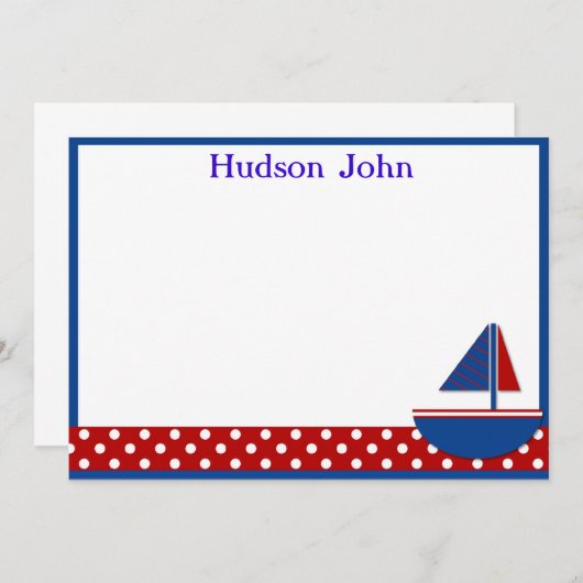 男の子のヨットの文房具はまたはノート感謝していしています ノートカード (正面/裏面)