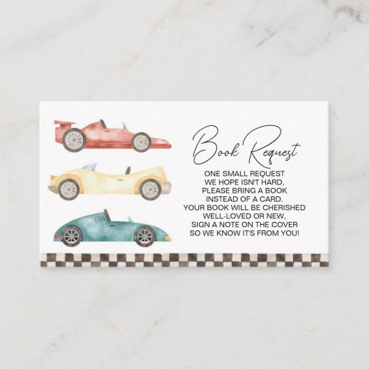 男の子のレトロレースカーベビーシャワーブックリクエスト エンクロージャーカード (正面)